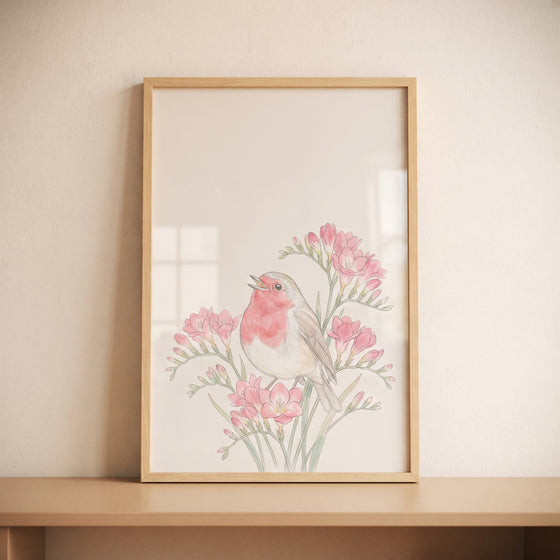 Pink flower singing robin bird wall art in a wood frame shows a bird among soft watercolor floral sprigs.
