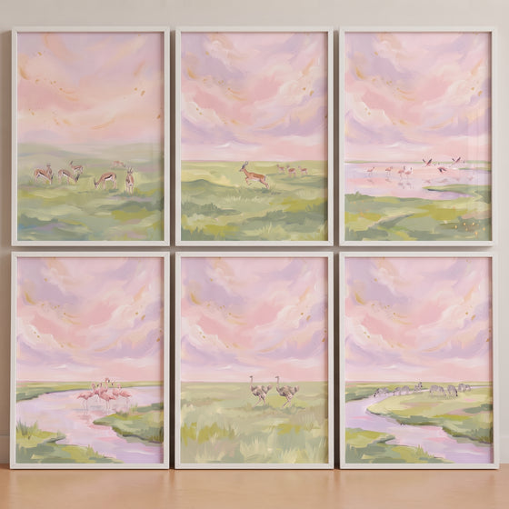 Pastel landscapes with safari animals in a pink gold flecked animals wall art set of 6.