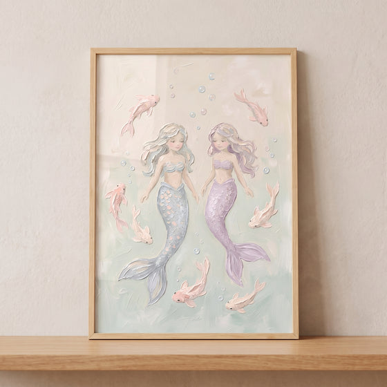 Framed pink koi fish mermaid wall art featuring two textured pastel mermaids swimming among small fish.