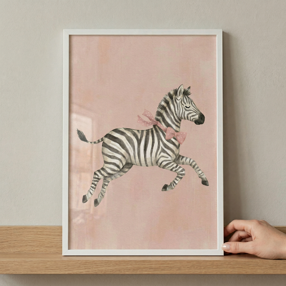 A vertical, rectangular framed illustration featuring a stylized young zebra. The animal is shown in a mid-air galloping pose against a soft, dusty pink background with a subtle, mottled texture. The zebra is depicted with its characteristic black and white stripes and has a gentle expression with its eye closed. A large, light pink bow is tied around its neck.