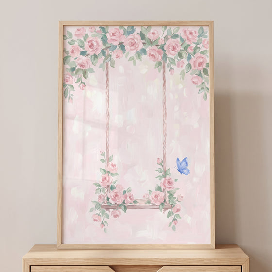 Framed pink rose swing floral wall art features a wooden swing and a blue butterfly on a pink background.