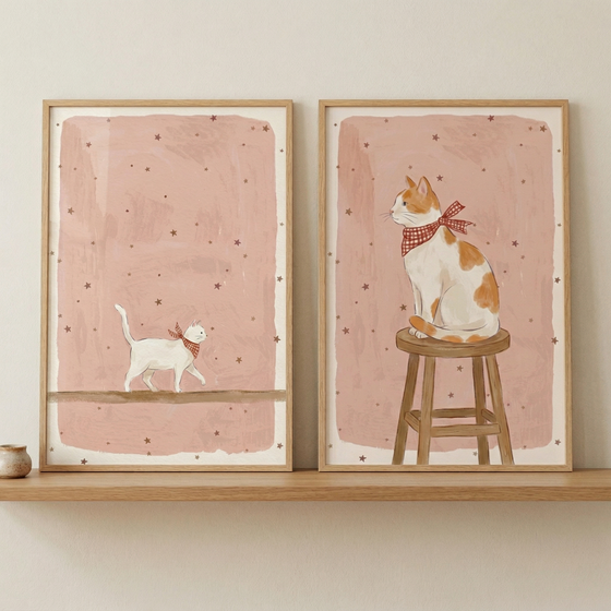 Two vertical wooden frames sit side-by-side on a light-colored shelf against a neutral wall. Each frame contains a whimsical illustration with a dusty pink textured background scattered with tiny dark stars.
The left piece shows a small white cat with ginger spots walking across a thin horizontal line, wearing a red-and-white checkered scarf.