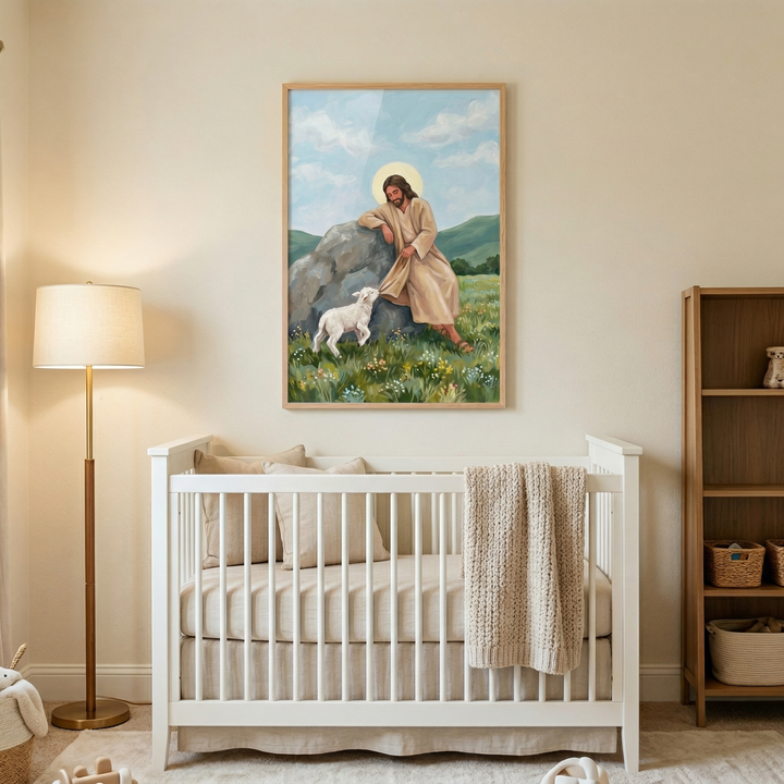 A bright and airy nursery features a white wooden crib centered against a light beige wall. The crib is styled with neutral-colored pillows and a textured beige knit blanket draped over the rail. Above the crib hangs a large, light wood-framed artwork depicting Jesus Christ. In the illustration, Jesus, with a golden halo, wears a simple tan robe and leans against a grey boulder in a meadow. He looks kindly at a small white lamb by his feet.
