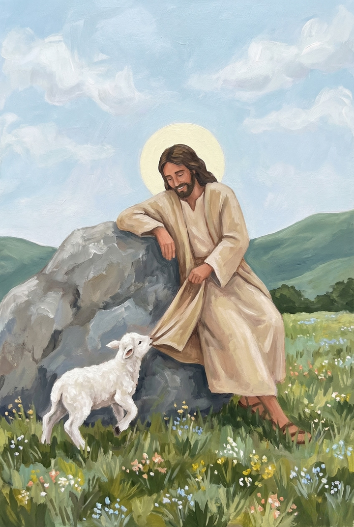 Devotional painting of Jesus seated on a large gray boulder in a wildflower meadow while a small white lamb tugs gently at the hem of his cream robe. Green hills and a pale blue sky sit behind him, and the soft halo and warm smile give the scene a tender playful feeling.