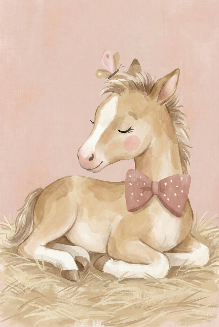 Young foal lying on a bed of hay with eyes closed and a pink bow tie around its neck, with a butterfly resting on its head. The soft pink background and relaxed posture create a cozy and restful atmosphere.