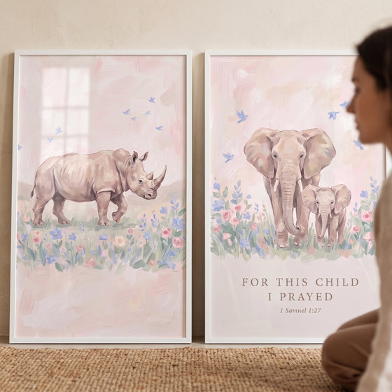 Prayer verse safari animals wall art set of 2 featuring soft pink illustrations of a rhino, elephants, and 1 Samuel 1:27.