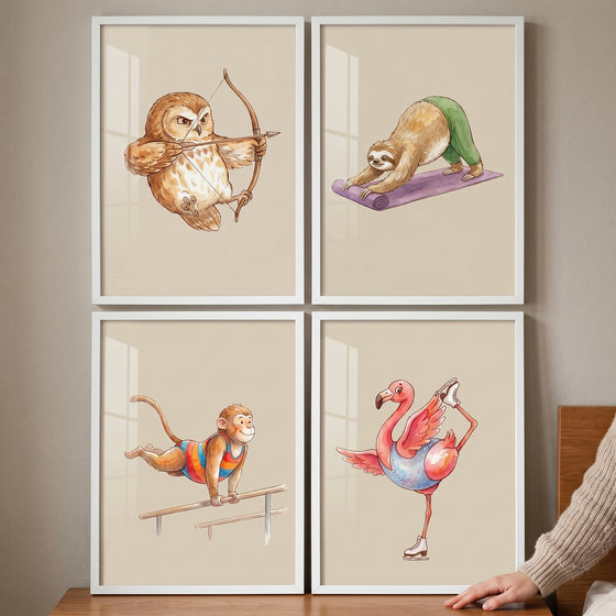 Quirky watercolor sports animal wall art set of 4 with an owl archer, yoga sloth, gymnast monkey, and skater flamingo.
