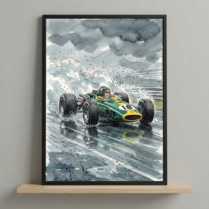 A framed illustration depicts a vintage green race car with the number 18, speeding through a rain-soaked track, splashing water dramatically. The driver, wearing a helmet, is focused as dark clouds loom overhead, adding intensity to the scene.
