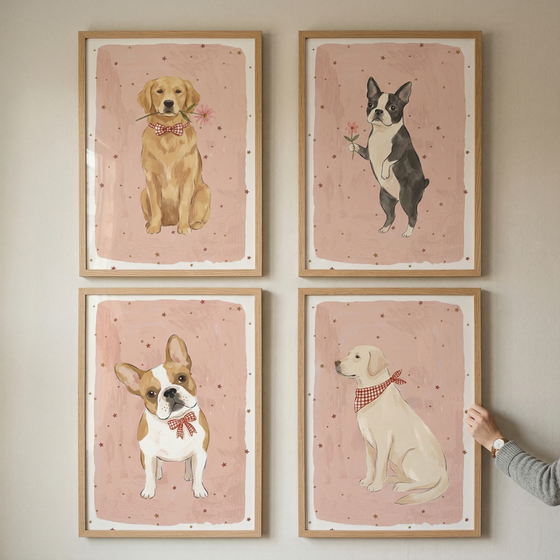 Four framed art prints are arranged in a two-by-two grid on a light-colored wall. Each illustration features a different dog against a soft pink, textured background with tiny star accents. The top left shows a golden dog holding a flower and wearing a checkered bowtie. The top right depicts a black and white dog standing on its hind legs with a flower.