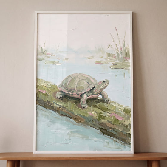 Red eared slider turtle wall art showing a turtle resting on a mossy log in a pond, displayed in a white frame.