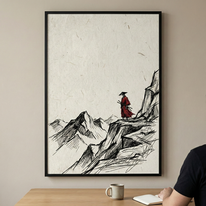 A vertical framed artwork hangs on a neutral wall above a wooden desk. The art depicts a lone figure in a bright red robe and a wide conical hat, standing at the precipice of a rocky cliff. The scene features minimalist, sketch-style mountains drawn with black ink lines on a textured off-white background. On the desk in the foreground, there is a ceramic mug and an open notebook, with a person’s arm and shoulder partially visible as they sit at the workspace.