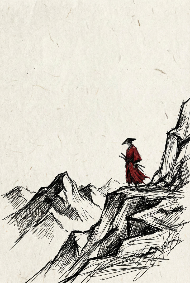 Ink style illustration of a skeletal samurai in a flowing red robe standing on a jagged mountain cliff. The minimal black and white sketch with bold red accents creates a dramatic and striking composition.