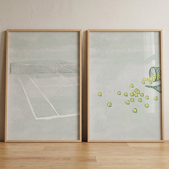 Refined sage tennis wall art set of 2 featuring a minimalist court and scattered yellow balls in light wood frames.