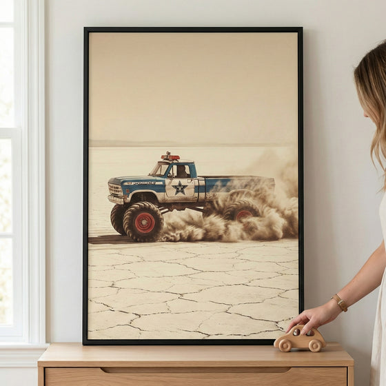 A framed vertical poster of a vintage-style blue and white pickup truck with oversized monster tires, styled as a law enforcement vehicle with a star emblem and a roof-mounted light bar. The vehicle is depicted driving across a vast, cracked desert landscape, kicking up a large cloud of dust. The artwork is hanging on a plain wall above a wooden dresser, where a person’s hand is visible resting near a small wooden toy car.