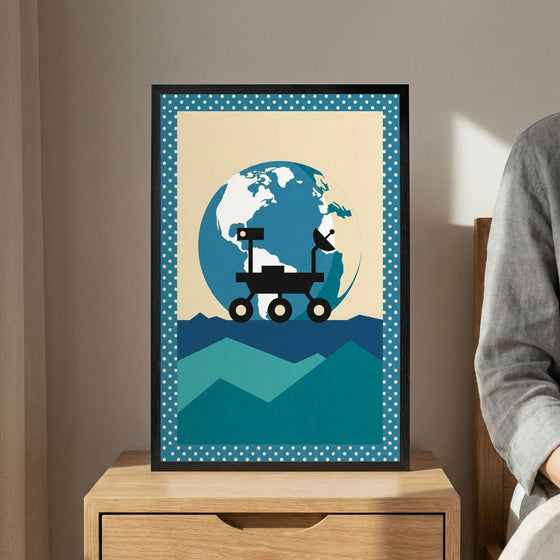 A minimalist graphic illustration in a black frame sits on a wooden nightstand. The artwork depicts a black silhouette of a space rover on a jagged landscape of teal and blue geometric mountains. A large, stylized blue and white Earth dominates the background against a pale, off-white sky. A portion of a person wearing a grey garment is visible on the right side.