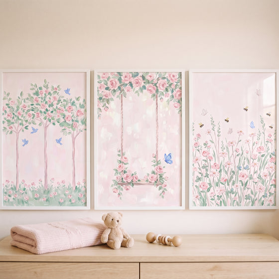 Romantic pastel floral garden wall art set of 3 hangs above a dresser with a teddy bear and pink blanket.