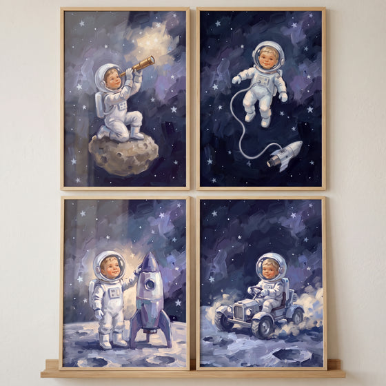 Royal blue toddler astronaut wall art set of 4 shows a child in space suits with stars, rockets, and a moon rover.