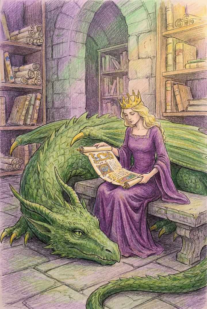 Fantasy wall art print of a crowned woman in a flowing purple gown sitting on a stone bench and reading an illustrated scroll beside a large green dragon curled around her feet. Tall bookshelves, rolled parchments, and a stone archway fill the library background, giving the scene a quiet magical storybook feel.