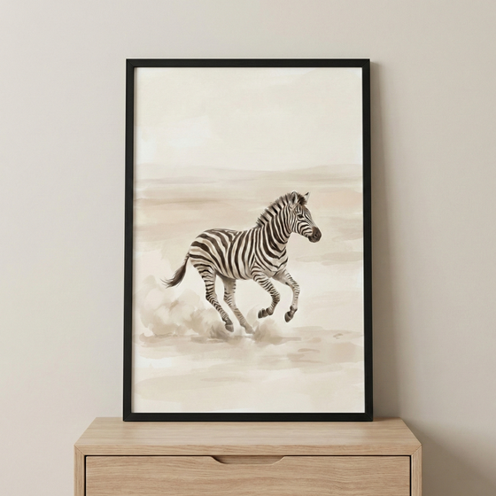 This image features a framed artwork depicting a zebra in motion. The animal is shown galloping across a minimalist landscape, with soft dust clouds beneath its hooves to suggest speed. The illustration uses a muted color palette of beige, cream, and brown tones, creating a calm and natural aesthetic.