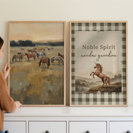 Rustic meadow grazing horse wall art set of 2, with a herd in a field and a rearing horse with a checkered border.