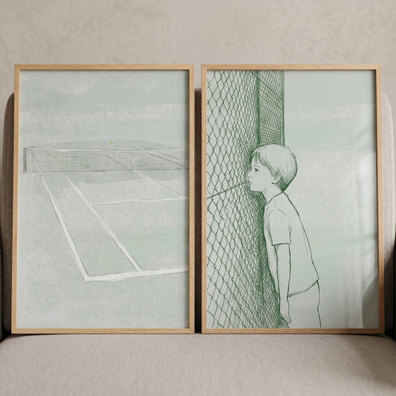 Sage green minimalist tennis wall art set of 2 featuring a court sketch and a boy peering through a chain link fence.