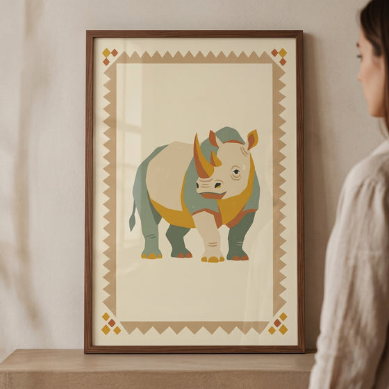 Sage green rhino artwork in a wood frame with a geometric border, displayed on a shelf next to a person.