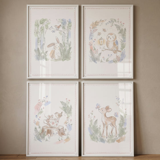 Sage green woodland animals wall art set of 4 featuring a rabbit, owl, deer, and mouse in a soft watercolor style.