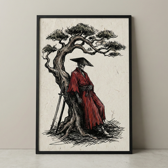 A framed illustration depicts a skeletal figure in a tattered red robe and a wide black conical hat, leaning against the gnarled trunk of a twisted tree. Two long swords rest against the tree's base. The artwork is rendered with fine ink lines and cross-hatching on a textured, cream-colored background, giving it an aged, sketched appearance. The piece is set within a minimalist black frame and displayed against a neutral-toned wall.