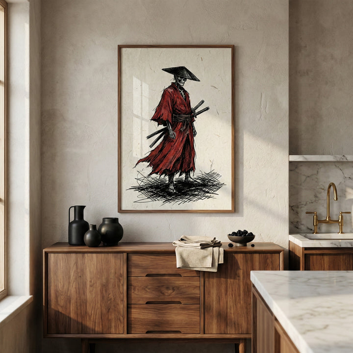 Framed illustration of a skeletal samurai in a flowing red robe and wide straw hat displayed above a mid century wooden sideboard in a modern kitchen. Black ceramic vases, folded linen, and a marble countertop with brass faucet create a warm natural setting that contrasts with the bold ink style artwork.