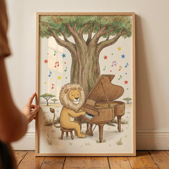 A lion plays a grand piano under a large tree in this savanna musical piano lion artwork with colorful musical notes.