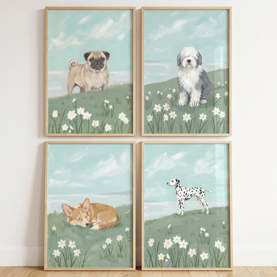 Scenic coastal pasture dog wall art set of 4 featuring a pug, sheepdog, corgi, and dalmatian in floral fields.