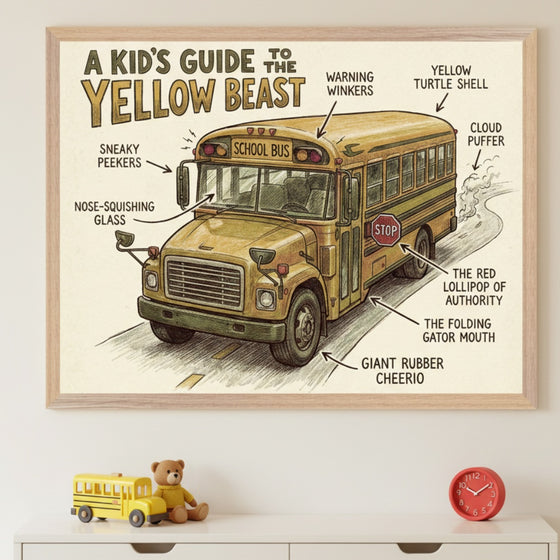 Kid's room with a white dresser. A framed illustration, "A Kid's Guide to the Yellow Beast," depicting a yellow school bus with humorous labels, hangs centered above. A toy bus, teddy bear, and red clock are on the dresser.