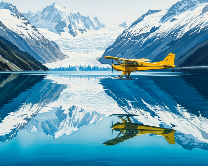 A vibrant yellow seaplane floats on a calm, reflective lake surrounded by majestic snow-capped mountains and a sprawling glacier in the background, creating a serene and picturesque alpine scene.
