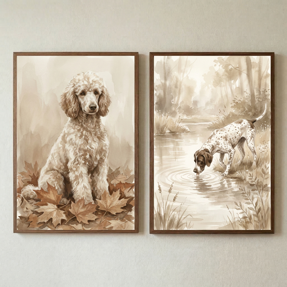 Two vertical, wood-framed illustrations hang on a neutral wall. The left artwork features a detailed sepia-toned watercolor-style portrait of a fluffy, light-colored poodle-type dog sitting among dry maple leaves. The right piece shows a lean, spotted dog drinking from a calm pond with concentric ripples, set against a wooded backdrop. Both artworks share a muted palette of cream and brown. A person’s shoulder in a brown knit sweater is partially visible in the lower left corner.