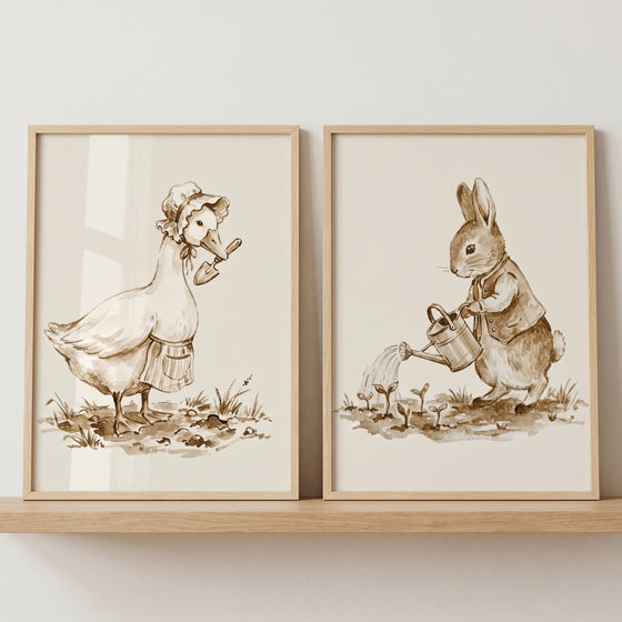 Sepia storybook garden animal wall art set of 2 with a goose holding a trowel and a rabbit watering small plants.