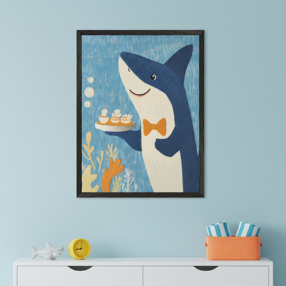 Kid's room with a white dresser against a light blue wall. Above it, a framed textured illustration features a cartoon shark in an orange bow tie holding cupcakes.