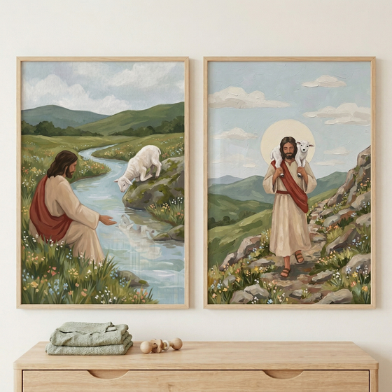 Two framed paintings displayed side by side on a wall showing Jesus in soft pastoral scenes with lambs, one seated by a flowing stream and the other walking along a rocky path carrying a lamb, styled in gentle muted tones above a wooden surface with folded fabric.