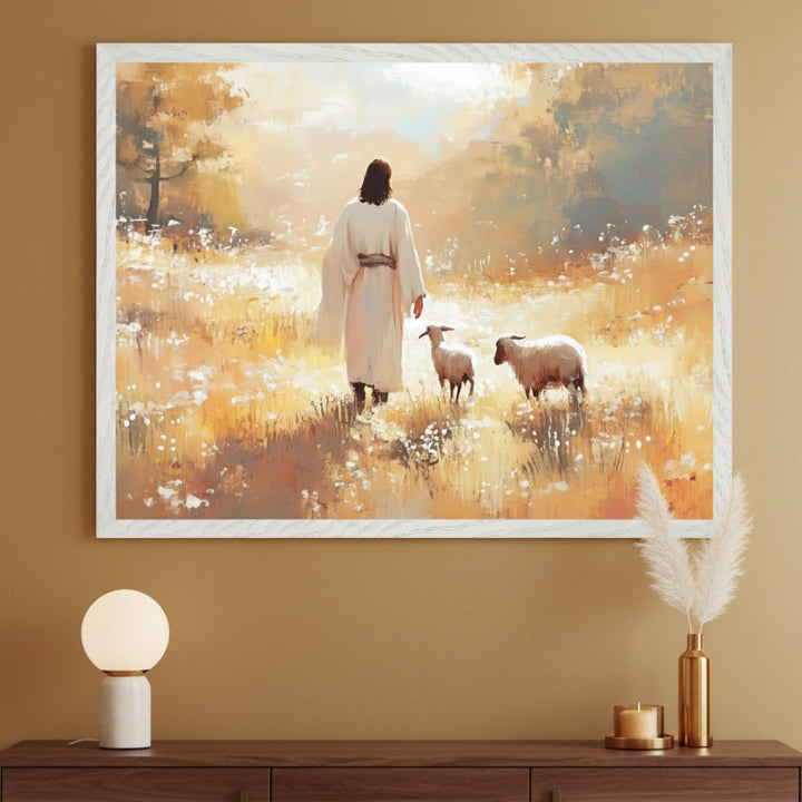 Modern room with a dark wood console table. A large framed painterly print depicts a robed figure walking with two sheep in a golden, flowery field, hung above the table. A lamp, vase with pampas grass, and candle are on the table.