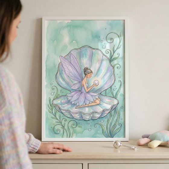 A framed illustration of a small fairy sitting inside an iridescent open seashell. The fairy has delicate purple wings and a petal-like dress, and she holds a glowing pearl in her hands. The scene is set underwater with soft green and blue watercolor-style washes, featuring swirling sea plants and bubbles. The white frame rests on a light wood dresser, with a person partially visible on the left and colorful plush toys on the right, creating a whimsical nursery atmosphere.