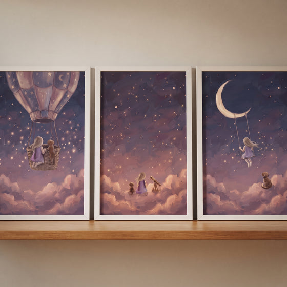 Shimmering violet girl dog wall art set of 3 with a child and puppy among stars, clouds, a moon swing, and a balloon.