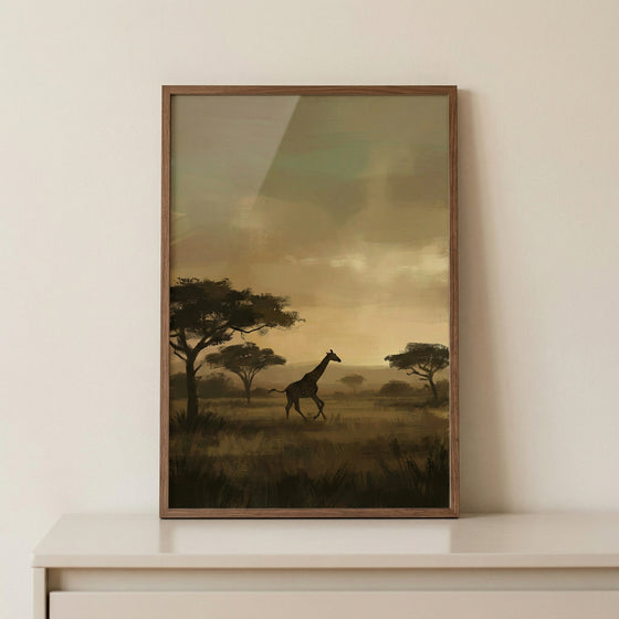 Silhouette sunset savanna giraffe wall art in a wooden frame shows a giraffe walking past acacia trees at dusk.