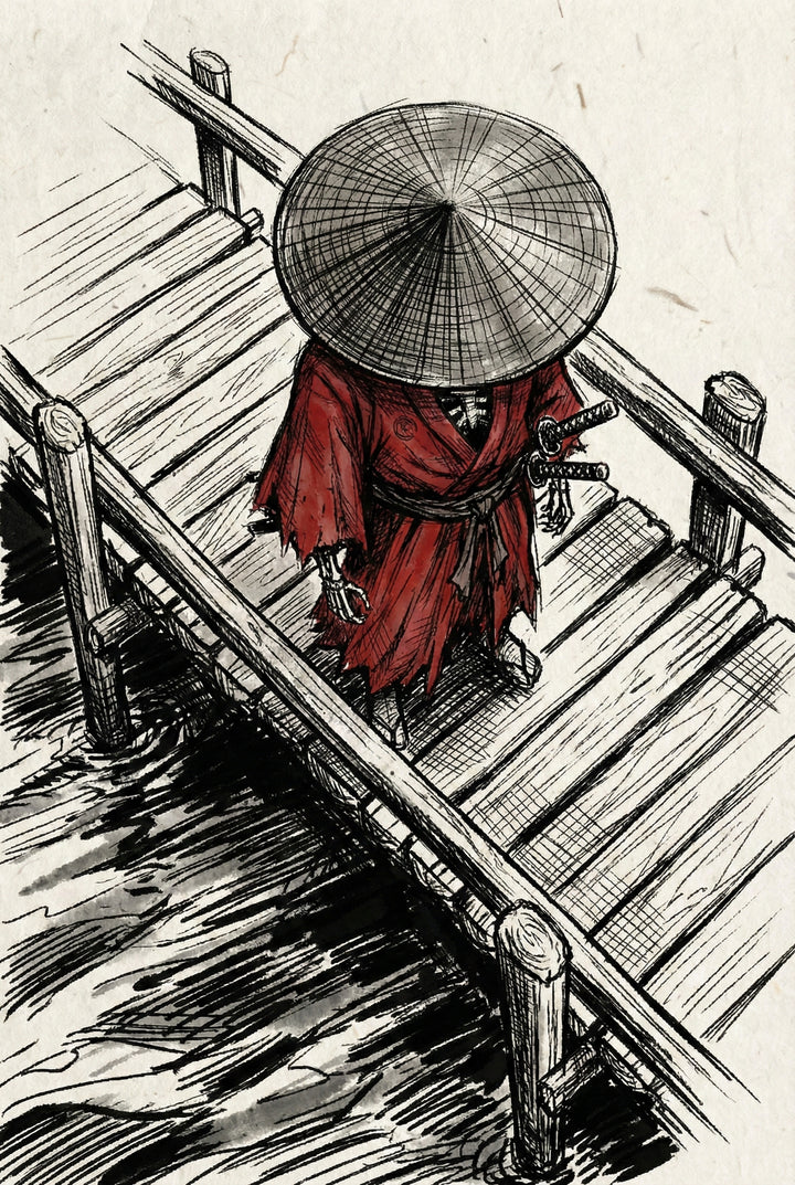 A skeletal samurai in a red robe walks across a wooden bridge with two swords at his side. The sketch style artwork uses strong black lines and selective red coloring for a bold graphic effect.