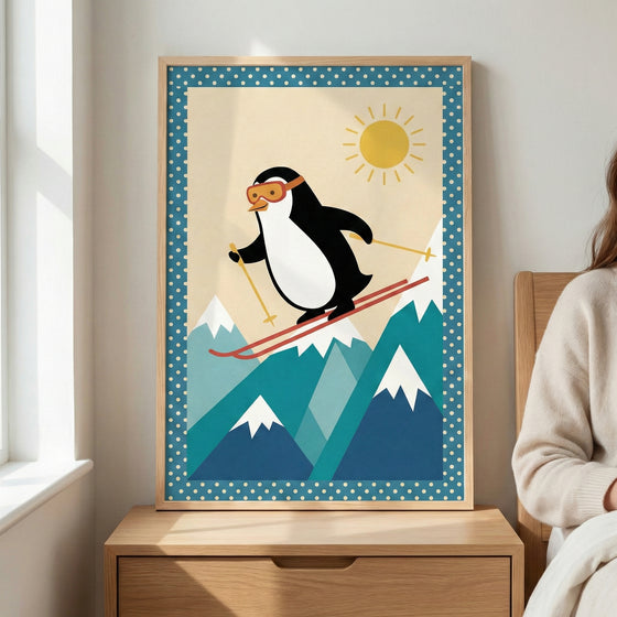 A framed graphic illustration of a cartoon penguin skiing through the air. The penguin wears orange goggles and holds yellow ski poles, soaring above stylized, geometric mountains in shades of blue and teal with white snow caps. A simple yellow sun shines in a beige sky. The art has a blue border with white polka dots and is housed in a light wood frame, positioned on a wooden nightstand.