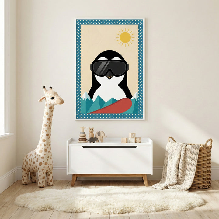 A bright and airy child's room featuring a framed art piece on the wall of a stylized cartoon penguin wearing ski goggles with a mountain landscape and a yellow sun in the background. To the left stands a large spotted giraffe toy. Below the artwork is a white wooden storage bench with small wooden toys on its top surface. A woven basket with a soft blanket sits to the right, and a fluffy white rug shaped like a cloud is on the light wood floor.