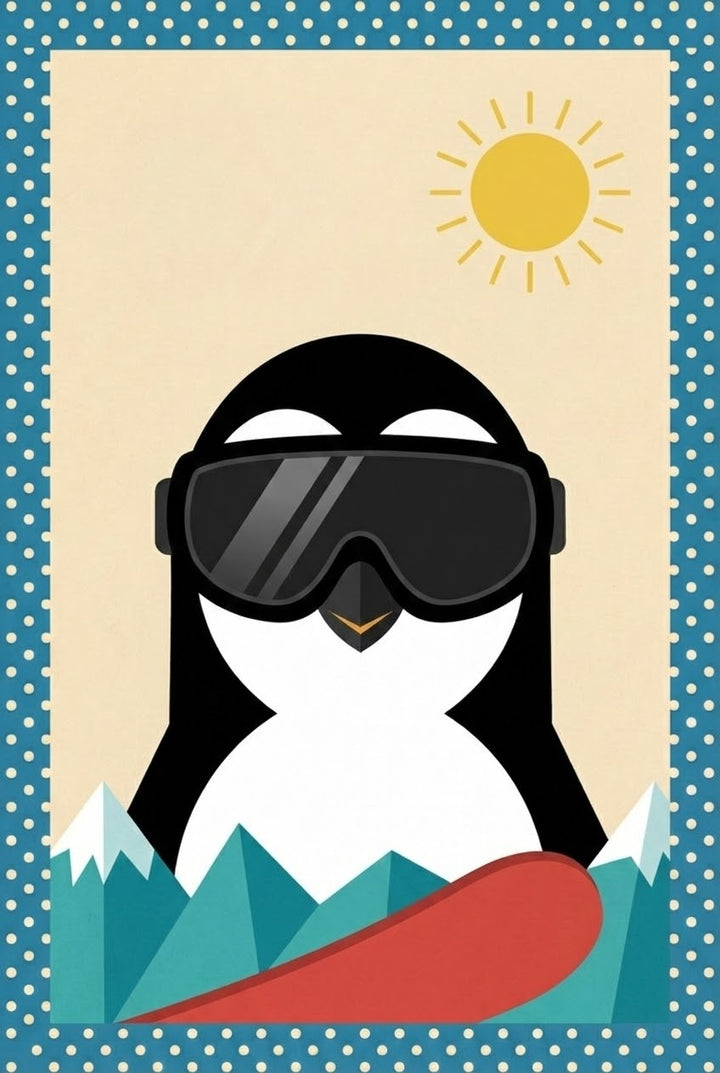 A close-up of a penguin in sleek black ski goggles, framed by snowy blue mountain peaks and a golden sun in a clear sky.