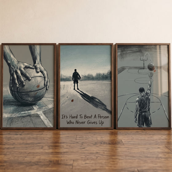 Slate blue basketball player sports wall art set of 3 with hands on a ball, a silhouette with text, and a player shooting.
