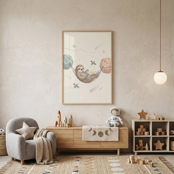 sleeping cosmic hammock sloth wall art in a neutral nursery with wooden rocket toys, a gray chair, and a woven rug.