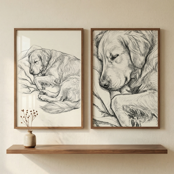 Minimalist interior scene featuring two rectangular wooden-framed sketches of a sleeping long-haired dog on a cream-colored wall. The left sketch shows the entire dog curled up, while the right sketch is a close-up of its head and paw. Below the frames, a wooden floating shelf holds a small ceramic vase with a few sprigs of dried flowers. The lighting is soft, creating a warm and peaceful atmosphere.