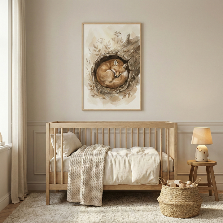 A serene nursery setting features a light wood crib positioned against a cream-colored, paneled wall. Above the crib hangs a framed illustration of a ginger fox curled up and sleeping inside a hollow log, surrounded by soft watercolor-style foliage. The crib is neatly made with a pale pillow, a matching duvet, and a thick, textured knit blanket draped over the side.