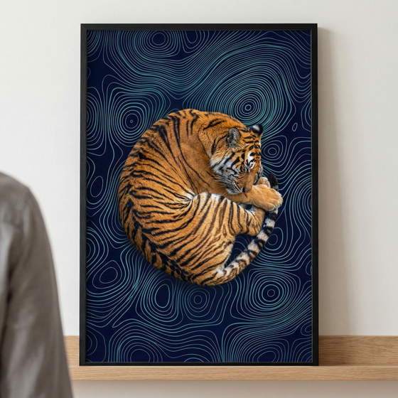 A framed piece of art rests on a light wooden shelf against a neutral wall. The central subject is a detailed tiger curled into a circular pose, with its head tucked near its tail. Its vibrant orange fur and black stripes contrast sharply with a dark navy background. The background is adorned with thin, light-blue concentric lines that create a flowing, topographical-like pattern. The piece is encased in a slim black frame. Part of a person's grey-clad shoulder is visible on the left side.